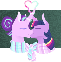 Size: 1280x1312 | Tagged: safe, artist:vindhov, imported from derpibooru, part of a set, starlight glimmer, twilight sparkle, alicorn, pony, alternate hairstyle, clothes, eyes closed, female, glowing horn, hair bun, heart, hearth's warming, kissing, lesbian, lineless, magic, scarf, shipping, simple background, transparent background, twilight sparkle (alicorn), twistarlight