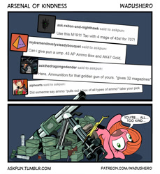 Size: 1280x1400 | Tagged: safe, artist:wadusher0, imported from derpibooru, oc, oc only, oc:pun, pony, ask pun, ak-47, ammunition, ask, assault rifle, gun, handgun, m1911, revolver, rifle, solo, tumblr, weapon