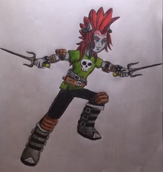 Size: 2343x2485 | Tagged: safe, artist:bozzerkazooers, imported from derpibooru, crimson napalm, equestria girls, background human, dagger, female, ninja, ponied up, raphael, sai, solo, teenage mutant ninja turtles, traditional art, weapon
