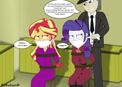 Size: 1024x731 | Tagged: safe, artist:robukun, imported from derpibooru, rarity, sunset shimmer, oc, equestria girls, bondage, cloth gag, damsel in distress, detective, detective rarity, dialogue, gag, help us, rope