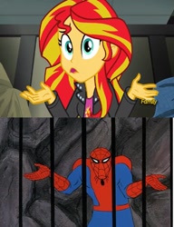 Size: 783x1020 | Tagged: safe, imported from derpibooru, sunset shimmer, equestria girls, rainbow rocks, 60s spider-man, comparison, meme, shrug, shrugset shimmer, spider-man