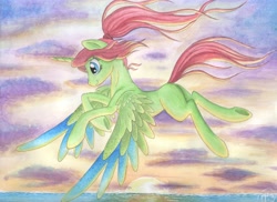 Size: 7020x5100 | Tagged: safe, artist:deadliestvenom, imported from derpibooru, oc, oc only, oc:whysteria, alicorn, pony, absurd resolution, alicorn oc, flying, solo, traditional art