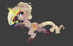 Size: 1024x643 | Tagged: safe, artist:wilvarin-liadon, imported from derpibooru, oc, oc only, pony, unicorn, colored pupils, gray background, looking at you, magic, rainbow hair, simple background, smiling, solo, underhoof, watermark