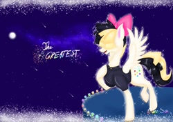 Size: 1199x848 | Tagged: artist needed, safe, artist:akane-ssan, imported from derpibooru, songbird serenade, pegasus, pony, my little pony: the movie, bow, clothes, female, mare, moon, night, night sky, sia (singer), sky, solo, song reference, spread wings, the greatest
