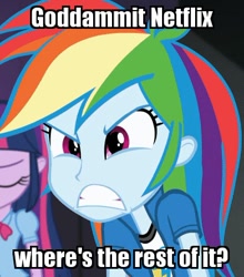 Size: 390x443 | Tagged: safe, edit, edited screencap, imported from derpibooru, screencap, rainbow dash, twilight sparkle, equestria girls, rainbow rocks, angry, cropped, eyes closed, gritted teeth, image macro, meme, mouthpiece, netflix, obligatory pony, solo focus