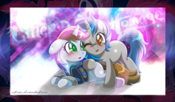 Size: 2167x1263 | Tagged: safe, artist:estories, imported from derpibooru, oc, oc only, oc:homage, oc:littlepip, pony, unicorn, fallout equestria, blushing, clothes, fallout, female, floppy ears, jumpsuit, lesbian, mare, oc x oc, one eye closed, open mouth, pipmage, prone, shipping, vault suit, wink