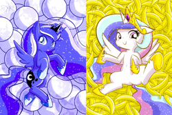 Size: 1920x1280 | Tagged: safe, artist:phoenixperegrine, imported from derpibooru, princess celestia, princess luna, :p, banana, bananalestia, belly button, blushing, food, looking at you, mare in the moon, moon, smiling, tongue out