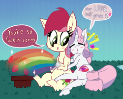 Size: 1499x1200 | Tagged: safe, artist:dragonpone, derpibooru exclusive, imported from derpibooru, roseluck, sweetie belle, blush sticker, blushing, butt, cheek fluff, chest fluff, chubby, crack shipping, cuddling, cutie mark, dialogue, ear fluff, female, flower, heart, hug, lesbian, looking back, love, older, open mouth, plot, pond, potted plant, rainbow, rose, rosebelle, shipping, sitting, smiling, snuggling, sparkles, the cmc's cutie marks, underhoof, vulgar