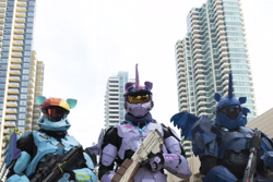Size: 6000x4000 | Tagged: safe, artist:sempbron3, imported from derpibooru, princess luna, rainbow dash, twilight sparkle, alicorn, human, absurd resolution, clothes, cosplay, costume, crossover, fire team harmony, gun, halo (series), irl, irl human, pacific ponycon, pacific ponycon 2017, photo, rd spartan, rifle, shotgun, sniper rifle, spartan luna, twilight sparkle (alicorn), twilight spartan, weapon
