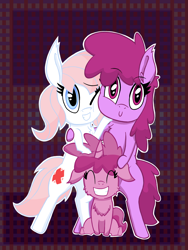 Size: 1200x1600 | Tagged: safe, artist:dragonpone, derpibooru exclusive, imported from derpibooru, berry punch, berryshine, nurse redheart, ruby pinch, pony, :>, berryheart, bipedal, cheek fluff, cheek squish, chest fluff, crack shipping, ear fluff, eyes closed, female, floppy ears, grin, lesbian, looking at you, one eye closed, shipping, sitting, smiling, squishy cheeks, underhoof