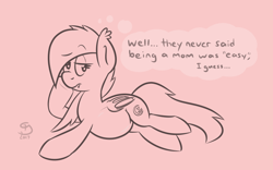 Size: 800x500 | Tagged: safe, artist:glimglam, imported from derpibooru, oc, oc only, oc:midnight cradle, bat pony, pony, lying down, monochrome, on side, pregnant, raised eyebrow, side, simple background, solo, text, thought bubble