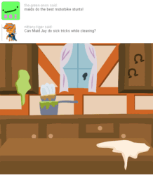 Size: 540x620 | Tagged: safe, artist:aha-mccoy, imported from derpibooru, oc, oc only, oc:jay aaron mclovin, pony, nopony-ask-mclovin, animated, ask, cleaning, clothes, crossdressing, dress, gif, kitchen, maid, motorcycle, solo, speech bubble, tumblr