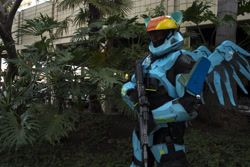 Size: 6000x4000 | Tagged: safe, artist:sempbron3, imported from derpibooru, rainbow dash, human, absurd resolution, clothes, cosplay, costume, crossover, fire team harmony, gun, halo (series), irl, irl human, pacific ponycon, pacific ponycon 2017, photo, rd spartan, rifle, sniper rifle, solo, weapon
