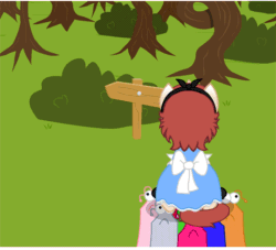 Size: 540x490 | Tagged: safe, artist:aha-mccoy, imported from derpibooru, oc, oc only, oc:corel, pony, unicorn, nopony-ask-mclovin, alice in wonderland, animated, bow, carrying, clothes, cosplay, costume, dress, female, gif, headband, mare, sesame street, sign, speech bubble, yip yips