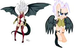 Size: 876x548 | Tagged: safe, artist:pawsofponies, imported from derpibooru, demon, demon pony, angry, fairy tail, flying, mirajane strauss, ponified, simple background, solo, spread wings, white background