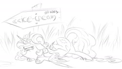 Size: 1280x720 | Tagged: safe, artist:v747, imported from derpibooru, princess celestia, pony, female, monochrome, sillestia, silly, silly pony, sketch, solo
