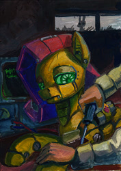 Size: 566x800 | Tagged: safe, artist:lexx2dot0, imported from derpibooru, fluttershy, human, pony, robot, robot pony, female, flutterbot, gouache, hand, lidded eyes, looking at something, looking down, lying down, maintenance, offscreen character, prone, repairing, roboticist, screen, screwdriver, solo, traditional art, window