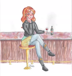 Size: 2480x2632 | Tagged: safe, artist:pastekskizofren, imported from derpibooru, sunset shimmer, equestria girls, alcohol, blushing, female, human coloration, sitting, smiling, solo, traditional art, wine, wine bottle, wine glass