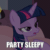Size: 502x502 | Tagged: safe, edit, edited screencap, imported from derpibooru, screencap, twilight sparkle, twilight sparkle (alicorn), alicorn, pony, princess spike (episode), animated, blanket, caption, cropped, female, gif, image macro, lidded eyes, meme, party hard, sleepy, solo
