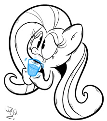 Size: 800x900 | Tagged: safe, artist:vinyl-core, imported from derpibooru, fluttershy, pony, bust, female, glass of water, nervous, partial color, portrait, seltzer, simple background, solo, white background