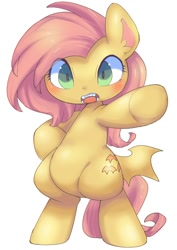 Size: 848x1200 | Tagged: safe, artist:mosamosa_n, imported from derpibooru, fluttershy, bat pony, pony, bipedal, butt wings, female, flutterbat, looking at you, race swap, simple background, solo, white background