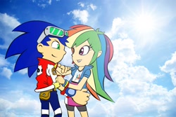 Size: 1800x1200 | Tagged: safe, artist:cylent-nite, artist:trungtranhaitrung, imported from derpibooru, rainbow dash, human, equestria girls, clothes, crossover, crossover shipping, equestria girls outfit, humanized, interspecies, male, remastered, shipping, sky, sonic the hedgehog, sonic the hedgehog (series), sonicdash, straight, sun