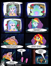 Size: 1024x1317 | Tagged: safe, artist:danielitamlp, imported from derpibooru, applejack, fluttershy, princess celestia, rainbow dash, sunset shimmer, equestria girls, comic, crossover, dialogue, image macro, meme, mermaid man, mermaid man and barnacle boy v, mermaidman, mermaidman and barnacleboy, mermaidman and barnacleboy v, parody, principal celestia, reference, spanish, spongebob squarepants