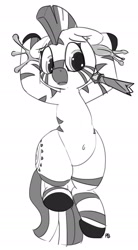 Size: 1061x1920 | Tagged: safe, artist:pabbley, imported from derpibooru, zecora, pony, zebra, alternate timeline, belly button, bondage, chrysalis resistance timeline, female, floppy ears, monochrome, simple background, solo, spear, weapon, white background