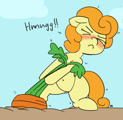 Size: 1280x1248 | Tagged: safe, artist:pabbley, imported from derpibooru, carrot top, golden harvest, earth pony, pony, belly button, bipedal, carrot, cute, eyes closed, female, food, hnnng, solo, struggling