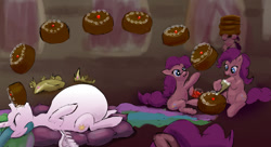 Size: 1000x543 | Tagged: safe, artist:xbi, imported from derpibooru, pinkie pie, princess celestia, alicorn, earth pony, pony, :p, belly, belly expansion, belly inflation, big belly, bloated, cake, cakelestia, chubbylestia, cooking, cute, eyes closed, fat, food, gluttony, hoof hold, inflation, missing accessory, multeity, on back, open mouth, pinkie clone, self ponidox, sitting, smiling, spread wings, stuffing, throwing, tongue out, weight gain