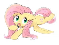 Size: 1024x768 | Tagged: safe, artist:30clock, imported from derpibooru, fluttershy, pony, cookie, cute, female, floppy ears, food, hoof hold, looking away, open mouth, oreo, prone, shyabetes, simple background, solo, spread wings, white background