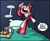 Size: 1280x1062 | Tagged: safe, artist:joeywaggoner, imported from derpibooru, pony, the clone that got away, bed, bread, butter, diane, food, glass, glass of milk, glasses, jumping, milk, muffin, pillow, redesign, solo, toast, tray
