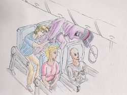 Size: 2158x1624 | Tagged: safe, artist:mackeroth, imported from derpibooru, twilight sparkle, alicorn, human, pony, clothes, colored, cramped, plane, sketch, traditional art, twilight sparkle (alicorn)