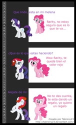 Size: 698x1145 | Tagged: safe, artist:tabrony23, imported from derpibooru, pinkie pie, rarity, comic:ponys en photoshop, breaking the fourth wall, comic, dialogue, photoshop, show accurate, spanish, translated in the comments