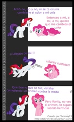 Size: 698x1145 | Tagged: safe, artist:tabrony23, imported from derpibooru, pinkie pie, rarity, comic:ponys en photoshop, breaking the fourth wall, comic, dialogue, photoshop, show accurate, spanish