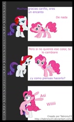 Size: 698x1145 | Tagged: safe, artist:tabrony23, imported from derpibooru, pinkie pie, rarity, comic:ponys en photoshop, breaking the fourth wall, comic, dialogue, photoshop, show accurate, spanish