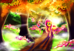 Size: 1505x1041 | Tagged: safe, artist:loveless-nights, imported from derpibooru, fluttershy, butterfly, pegasus, pony, backlighting, crepuscular rays, female, flower, forest, looking at something, mare, outdoors, raised hoof, scenery, solo, spread wings, three quarter view, wings