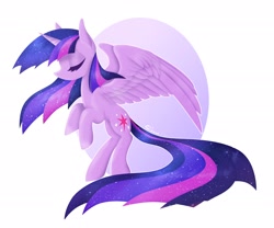 Size: 2560x2134 | Tagged: safe, artist:shkura2011, imported from derpibooru, twilight sparkle, alicorn, pony, eyes closed, female, floating, profile, simple background, solo, spread wings, twilight sparkle (alicorn), white background