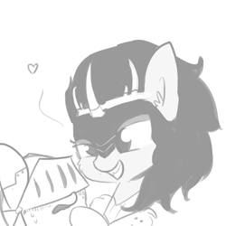 Size: 1080x1080 | Tagged: safe, artist:tjpones, imported from derpibooru, king sombra, blushing, cute, fantasy class, generic pony, grin, heart, imminent kissing, knight, monochrome, queen umbra, rule 63, rule63betes, smiling, umbradorable, warrior