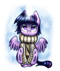 Size: 1153x1382 | Tagged: safe, artist:shkura2011, imported from derpibooru, twilight sparkle, alicorn, pony, clothes, female, glowing horn, looking up, magic, sitting, solo, spread wings, sweater, turtleneck, twilight sparkle (alicorn)