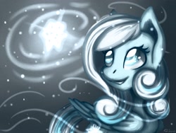 Size: 2048x1536 | Tagged: safe, artist:shkura2011, imported from derpibooru, oc, oc only, oc:snowdrop, pegasus, pony, looking at something, looking up, smiling, snow, snowflake, solo
