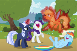 Size: 10000x6667 | Tagged: safe, artist:steampunk-brony, imported from derpibooru, applejack, rainbow dash, rarity, oc, oc:silverlay, earth pony, original species, pegasus, pony, unicorn, absurd resolution, cute, feather, laughing, magic, magic abuse, tickling, umbra pony