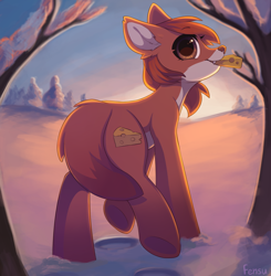 Size: 1958x2000 | Tagged: safe, artist:fensu-san, imported from derpibooru, oc, oc only, fox, fox pony, hybrid, brown eyes, cheese, cutie mark, fangs, food, snow, solo, sunset, winter