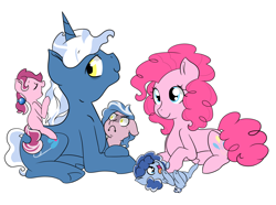 Size: 3500x2609 | Tagged: safe, artist:marukouhai, imported from derpibooru, pinkie pie, pokey pierce, oc, oc:dizzy head, oc:lucky treat, oc:okey, :c, bellyrubs, colt, female, filly, foal, high res, male, offspring, parent:pinkie pie, parent:pokey pierce, parents:pokeypie, pokeypie, prone, shipping, simple background, straight, tickling, tongue out, white background