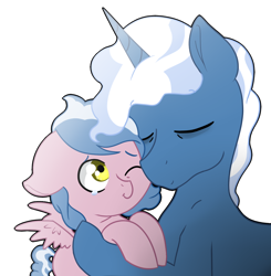 Size: 1248x1271 | Tagged: safe, artist:marukouhai, imported from derpibooru, pokey pierce, oc, oc:okey, pegasus, pony, colt, cuddling, eyes closed, father and son, male, offspring, one eye closed, parent:pinkie pie, parent:pokey pierce, parents:pokeypie, simple background, snuggling, teary eyes, white background