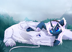 Size: 2480x1794 | Tagged: safe, artist:magnaluna, imported from derpibooru, princess luna, oc, oc:zefiroth, dragon, alternate design, alternate universe, canon x oc, cuddling, curved horn, cute, lunabetes, mountain, shipping, smiling, snuggling