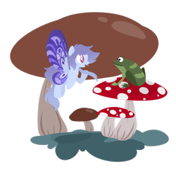 Size: 1024x995 | Tagged: safe, artist:cinna-swirl, imported from derpibooru, oc, oc only, fairy, frog, base used, flying, lineless, looking at each other, mushroom, open mouth, simple background, smiling, spread wings, transparent background