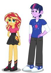 Size: 1781x2566 | Tagged: dead source, safe, artist:drewmwhit, imported from derpibooru, sunset shimmer, twilight sparkle, equestria girls, boots, bra strap, clothes, dusk shine, duskshimmer, equestria guys, half r63 shipping, hand on hip, high heel boots, looking at you, male, pants, prince dusk, rule 63, shipping, shirt, shoes, simple background, skirt, sneakers, straight, sunsetsparkle, transparent background