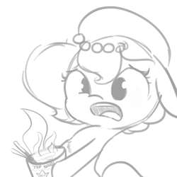 Size: 1080x1080 | Tagged: safe, artist:tjpones, imported from derpibooru, oc, oc only, oc:brownie bun, earth pony, pony, horse wife, black and white, burning, cooking, fail, fire, food, grayscale, hoof hold, how, instant noodles, monochrome, noodles, open mouth, simple background, solo, white background