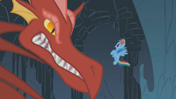 Size: 1280x720 | Tagged: safe, imported from derpibooru, screencap, basil, rainbow dash, dragon, pony, dragonshy, angry, scared